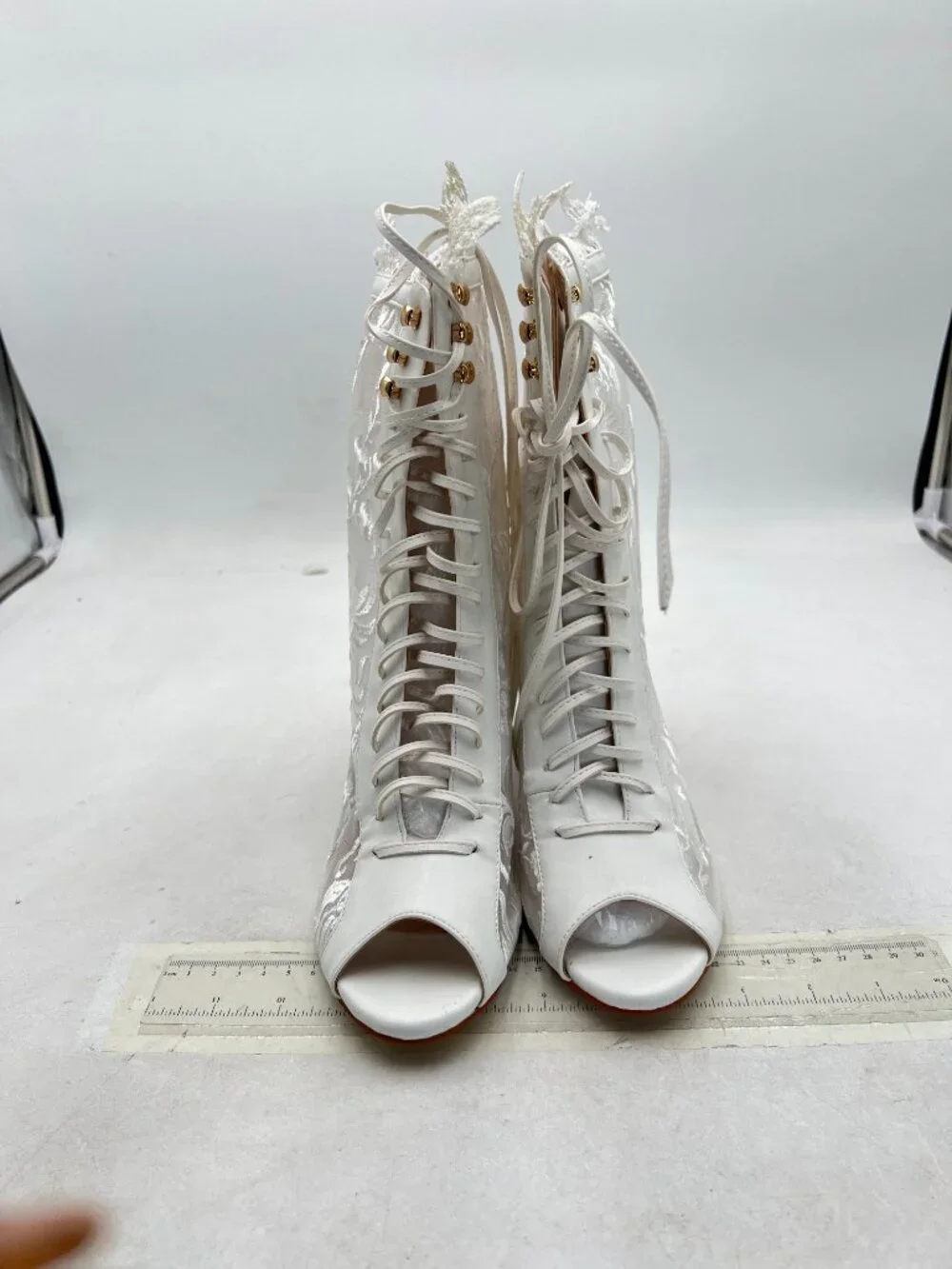 White Chunky Heels Women's Mesh Sandals Boots Peep Toe Lace Up Pumps Party Shoes